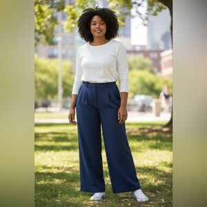 LOFT Navy High-Rise Wide-Leg Trousers